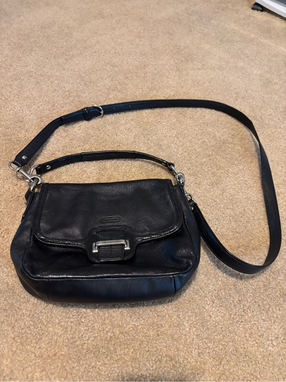 Vintage Coach Black Leather Crossbody Bag with Silver Hardware